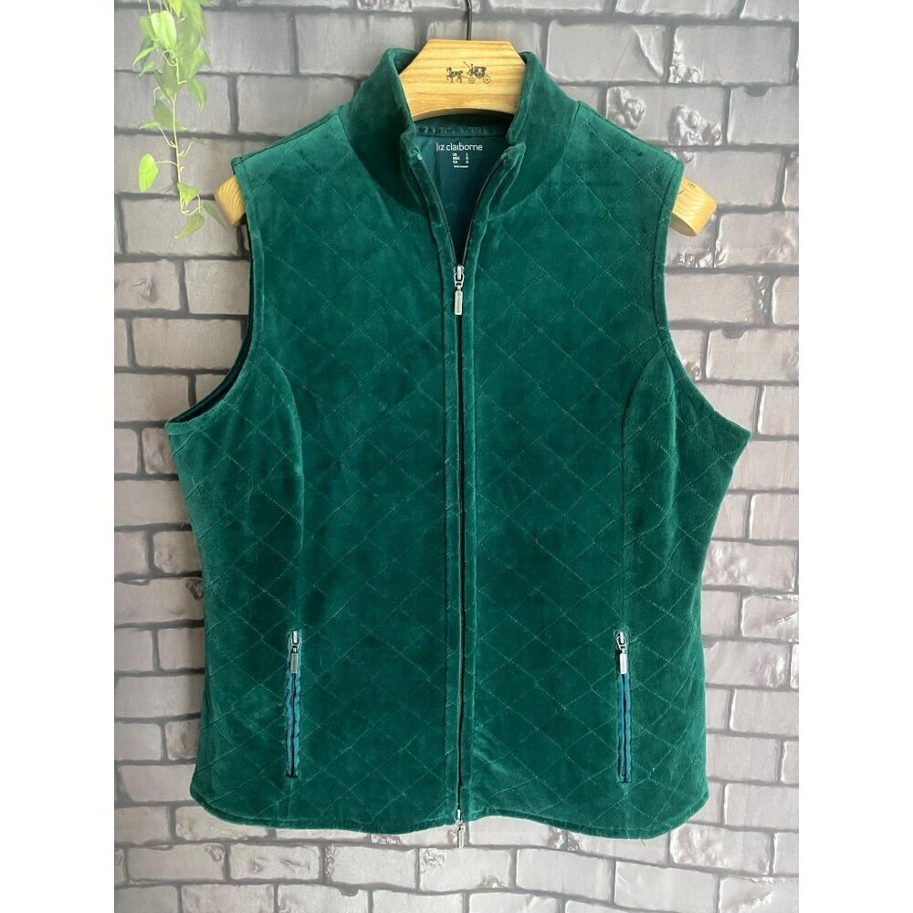 Liz Claiborne Diamond Quilted Emerald Green Velvet Zip Front Vest L